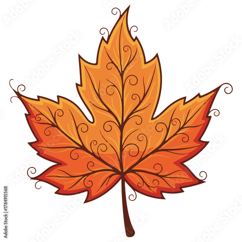 Stylized Autumn Maple Leaf Design with Ornamental Swirls and Gradient Colors