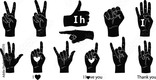 Hand gesture silhouettes collection, sign language vector illustration, love and thank you symbols, peace and pointing hands design set, cad drawing flat vector illustration