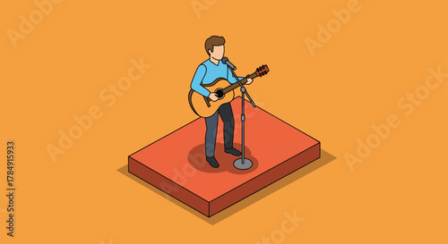 Charismatic musician performs acoustic set on stage, sharing passion and talent with audience in vibrant performance