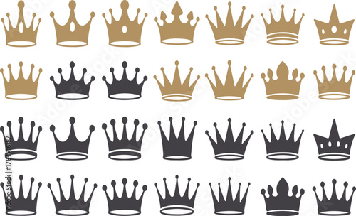 Collection of gold and dark grey crown icons on white background royal king