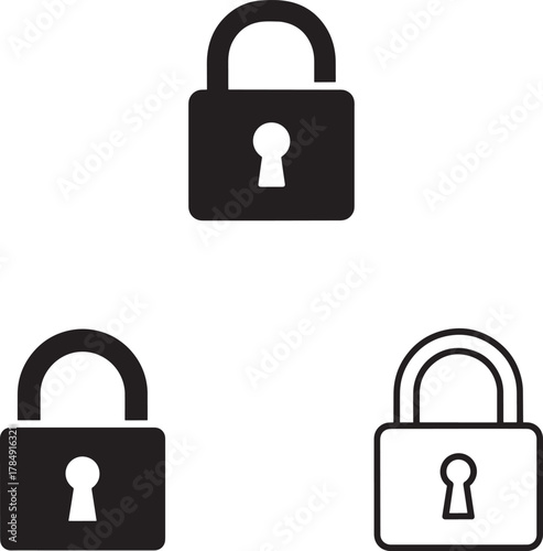 Three different styles of padlocks icons representing security and protection in black and white
