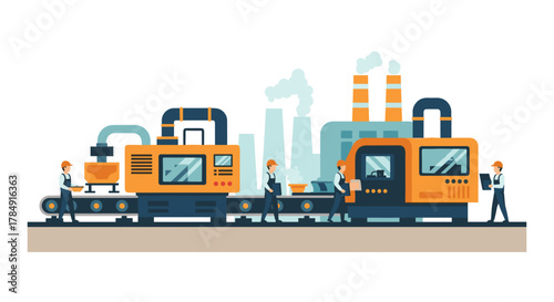 Workers diligently operate modern factory assembly line, producing goods with industrial machinery and industrial buildings in background