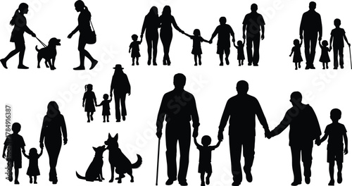 Family people walking silhouettes, parents children grandparents and pets vector illustration, black and white lifestyle design, relationship concept art, cad drawing flat vector illustration