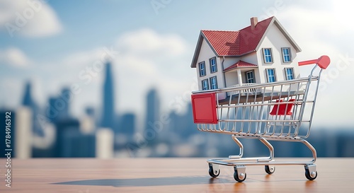 Miniature house inside a shopping cart against a blurred cityscape background background