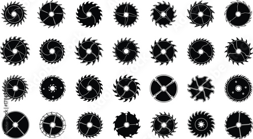 Circular saw blade silhouette collection, industrial tool design set, sharp gear wheel shapes, mechanical parts vector illustration, engineering equipment icons, cad drawing flat vector illustration