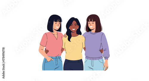 Three diverse happy women friends embracing, showing unity, support, and joyful connection in modern casual style