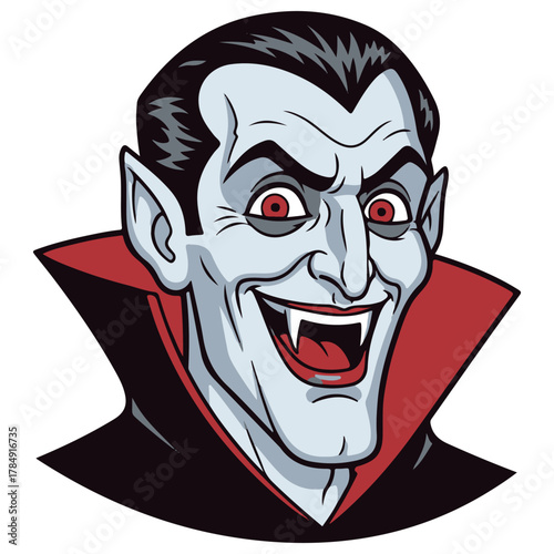 Illustrated Vampire Head Character with Red Eyes Fangs and High Collar
