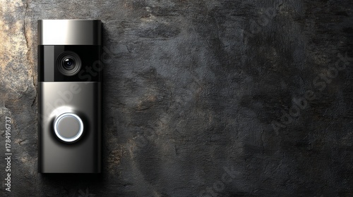 Modern intercom on a dark wall. Digital doorbell with camera for smart home security system. Entry access control technology.