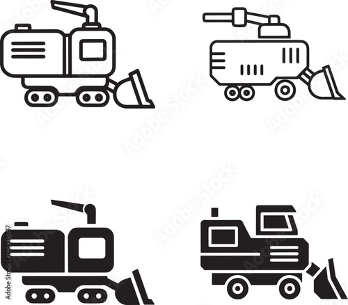 Set of four stylized construction vehicle icons featuring excavators and loaders in outline and solid styles