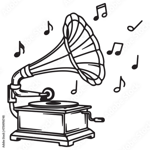 Retro Gramophone Line Art with Music Notes Illustration