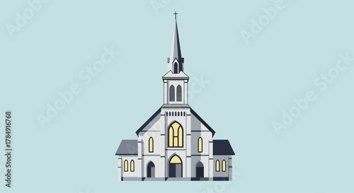 Elegant white church with steeple and arched windows stands proudly against a serene blue sky, embodying faith and community