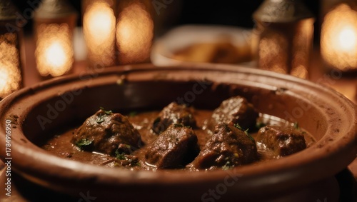 Fototapeta Naklejka Na Ścianę i Meble -  Delicious Moroccan Tagine Dish with Tender Meat and Rich Sauce.