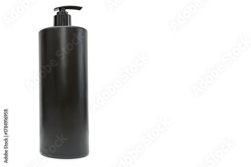 A black plastic container for liquid on a white background. Space for text.