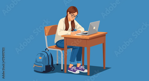 Focused student diligently studies at desk with laptop and notebook, preparing for academic success in a modern learning environment