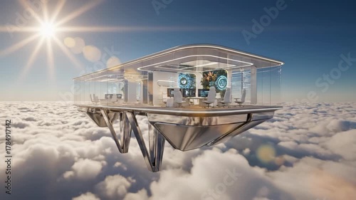 Futuristic office hovers above clouds featuring glass walls sleek furniture and modern monitors under a bright sky