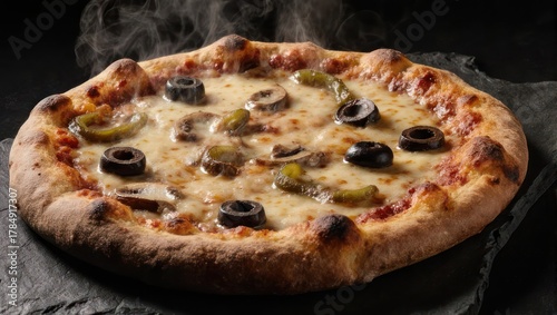Delicious Pizza with Olives and Cheese on a Dark Surface.