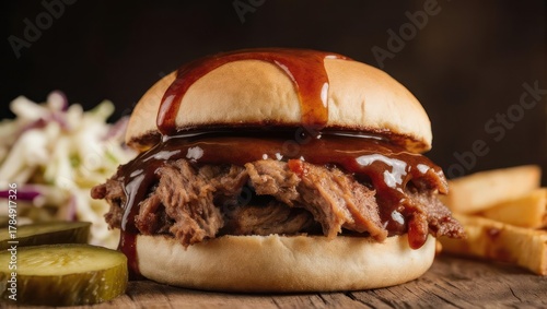 Delicious Pulled Pork Sandwich with BBQ Sauce and Coleslaw.