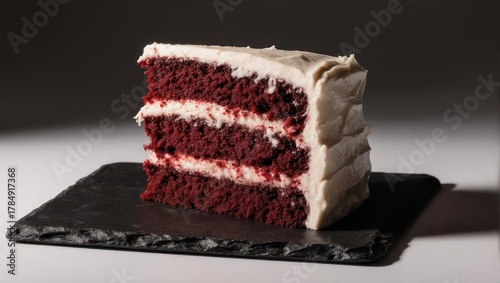 Delicious Red Velvet Cake Slice with Creamy Frosting on Black Plate.