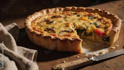 Delicious Quiche Lorraine with a Slice Removed on Wooden Table.