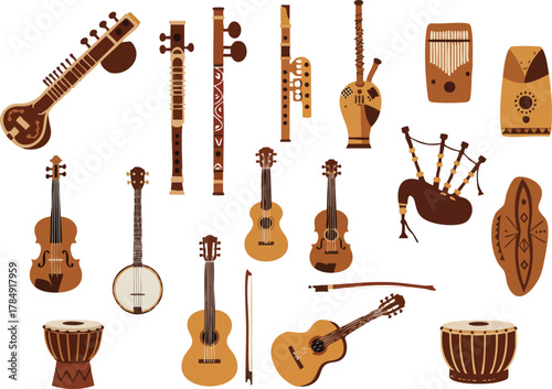 Diverse Collection of Musical Instruments: Stringed Wind and Percussion.