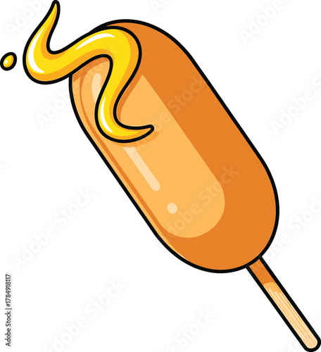 Cartoon corn dog with yellow mustard drizzle on white background vector