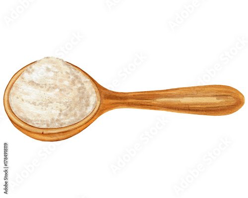 Obraz na plátne Watercolor illustration of a wooden spoon with a small amount of white flour