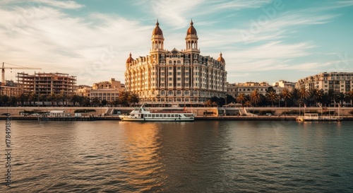 Ornate historic building in Seville Spain. European cityscape on the Guadalquivir riverfront. Famous travel destination and tourism concept with a boat at golden hour