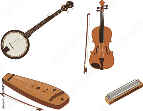 Collection of Stringed and Wind Musical Instruments Illustration.