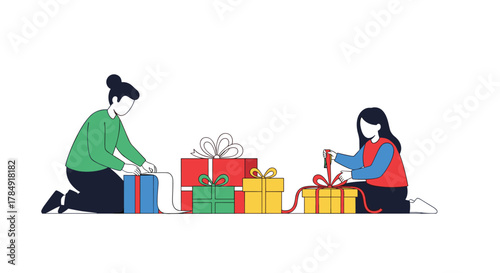 Joyful people preparing festive presents, wrapping gifts with care and excitement for holiday celebrations