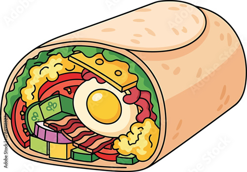 Cartoon illustration of a breakfast burrito with fried egg cheese and bacon vector