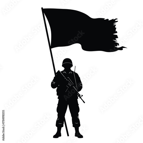 Silhouette of a soldier holding a tattered black flag against a white background