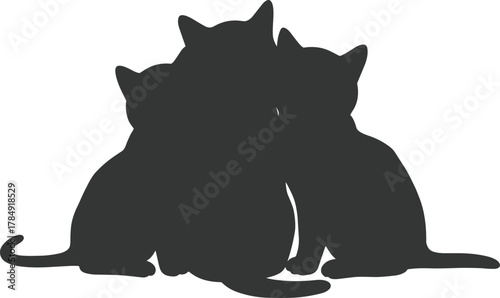 Silhouette of three cute cats sitting together, adorable kittens cuddling, black cat trio illustration, friendship, love, pet animal design, vector art