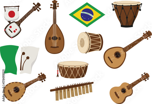Collection of Musical Instruments and National Flags.