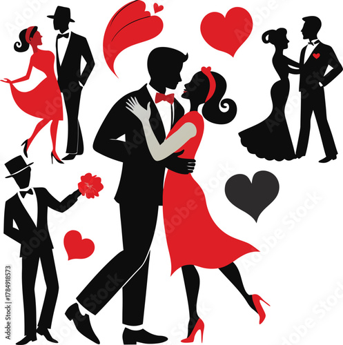Romantic Couples Silhouette Vector Set – Dancing Lovers with Hearts in Black and Red