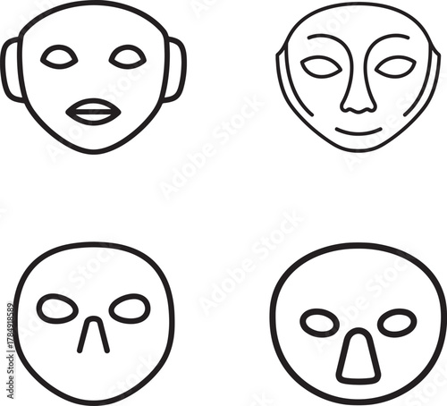 Four stylized abstract ancient primitive human faces in a simple line art drawing style