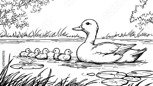 Black and White Duck with Ducklings Coloring Page Vector Art