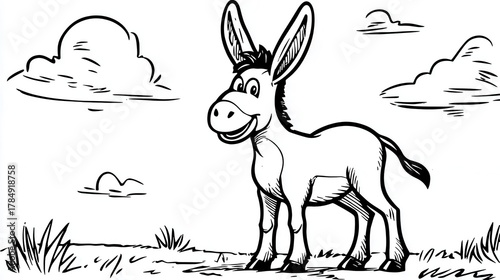 Smiling Donkey Cartoon Line Art for Coloring Book Page Design