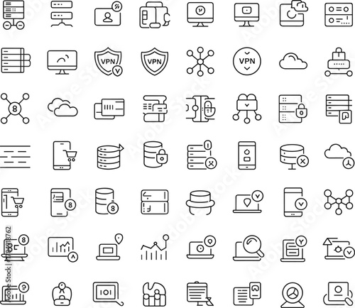 cybersecurity, network, data, icons, digital, server, VPN, cloud, analytics, communication, laptop, smartphone, user, shield, connection, interface, tech, protection, system, device