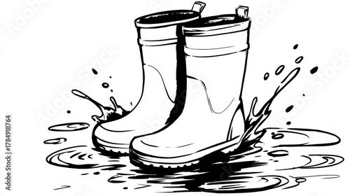 Black and White Line Art of Boots Splashed in Water for Coloring Book