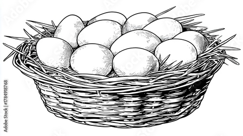 Black and White Vector Line Art of a Nest with Eggs for Coloring Book