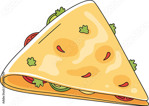 Cartoon quesadilla slice with avocado tomato and lettuce filling food mexican