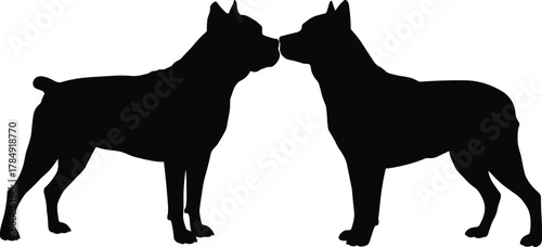 Silhouette of two dogs facing each other, pet interaction and bonding concept, black vector illustration, domestic animal love design