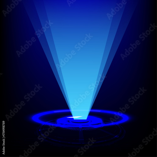 Energy circles and rays on a black blue background. Portal, magic teleport or level up effect