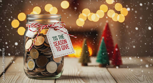 'Tis the Season to Give' Charitable Donation Jar Filled with Coins Against a Cozy Christmas Background Holiday Fundraising and Savings Concept: Festive Table Setting with Bokeh Lights and Small Christ