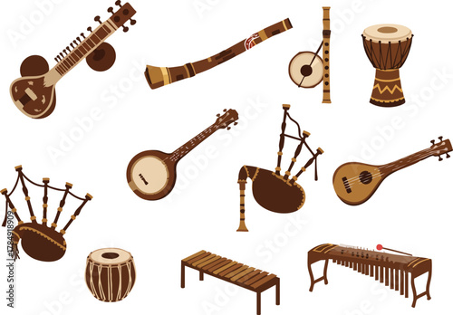 Collection of Diverse Traditional Musical Instruments from Around the World.