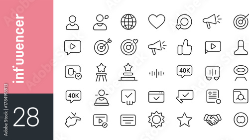 influencer, icons, social, media, engagement, communication, video, heart, thumbs, chart, comment, bubble, notification, user, laptop, target, star, minimal, black, white