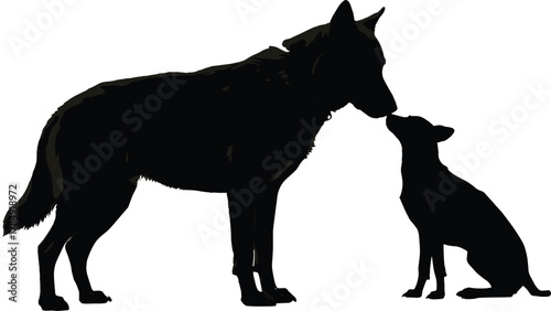Silhouette of two dogs touching noses, big and small pet interaction, animal friendship concept, black vector illustration on white background