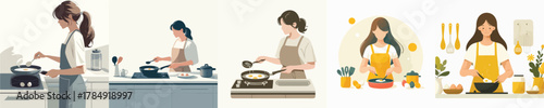 vector of woman frying eggs