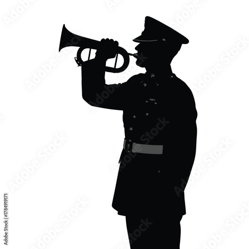 Silhouette of a soldier in uniform playing a bugle with a white background