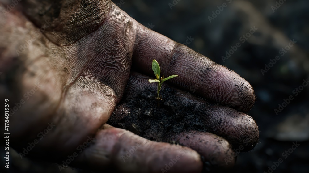 Obraz premium Farmers Hand with Seedling in Soil During Challenging Weather Conditions